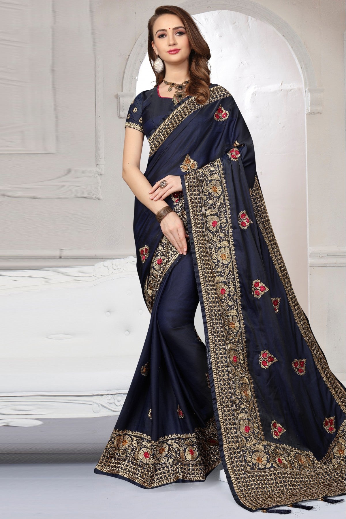 Blue Colour Silk Satin Traditional Saree