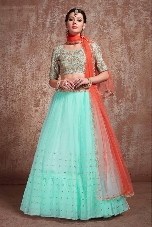 Blue Colour Soft Net Sequins Work Lehenga Choli