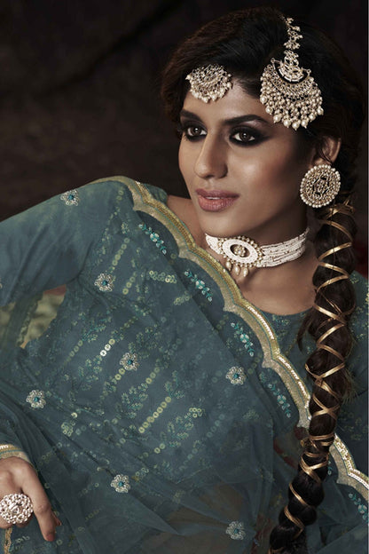 Blue Colour Soft Net Sequins Work Sharara Suit