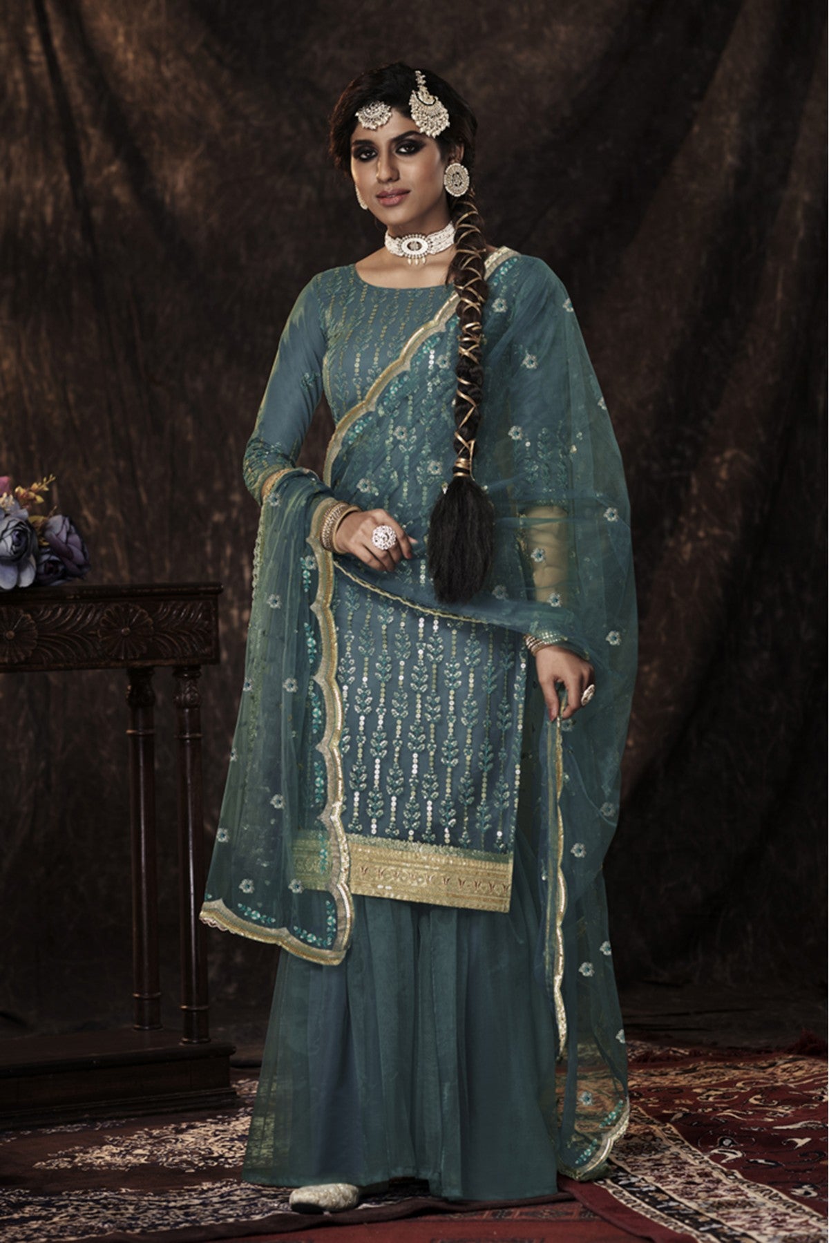 Blue Colour Soft Net Sequins Work Sharara Suit