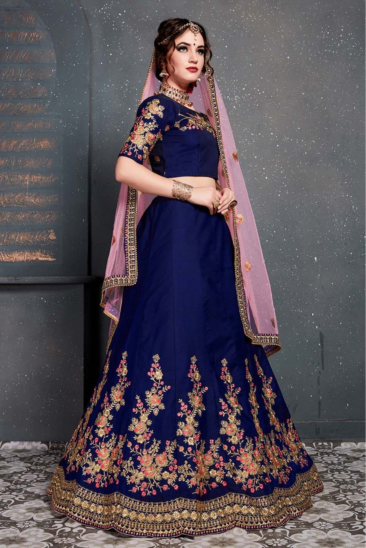 Blue Colour Taffeta and Satin Silk Lehenga Choli