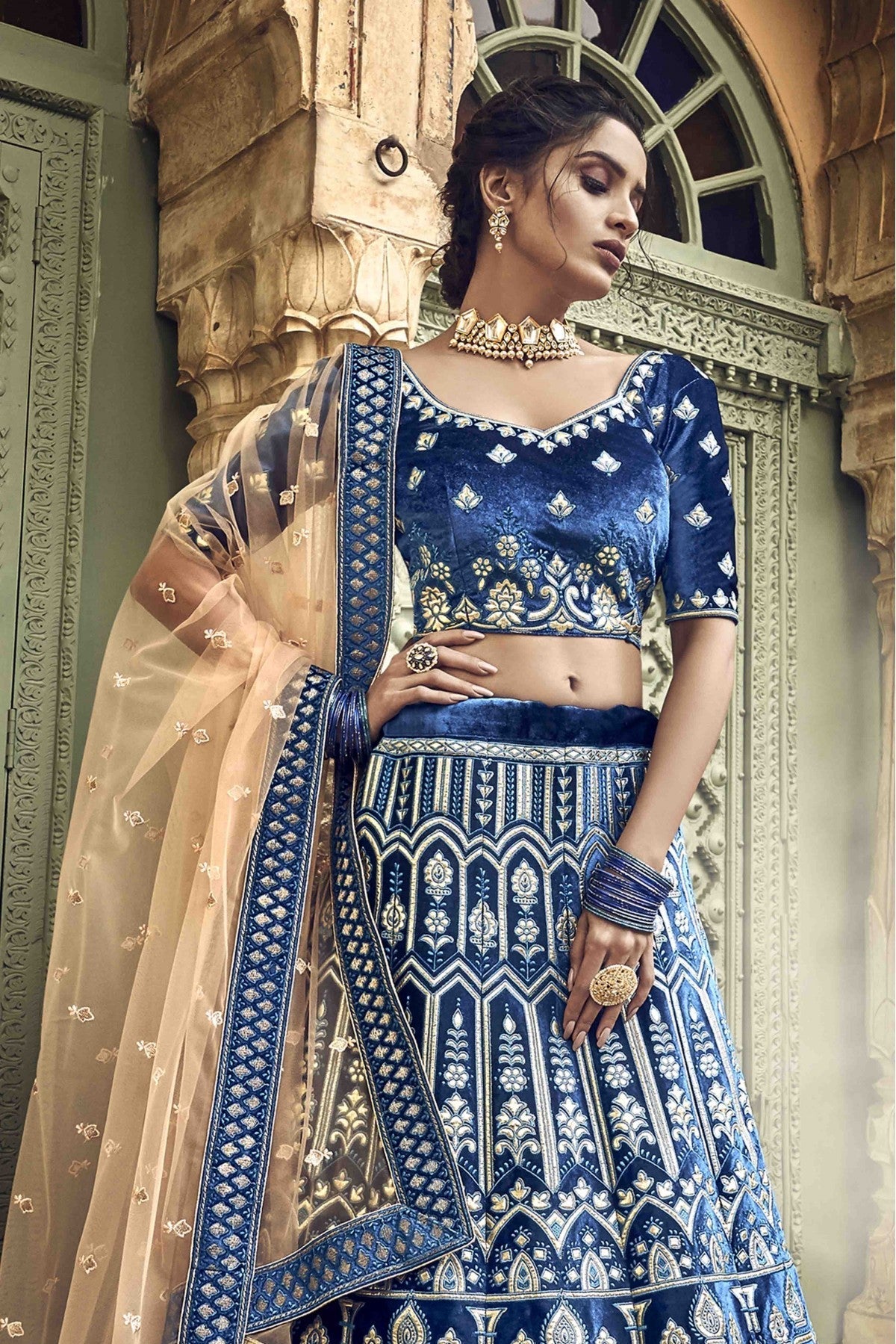 Blue Colour Velvet Thread Work Lehenga Choli