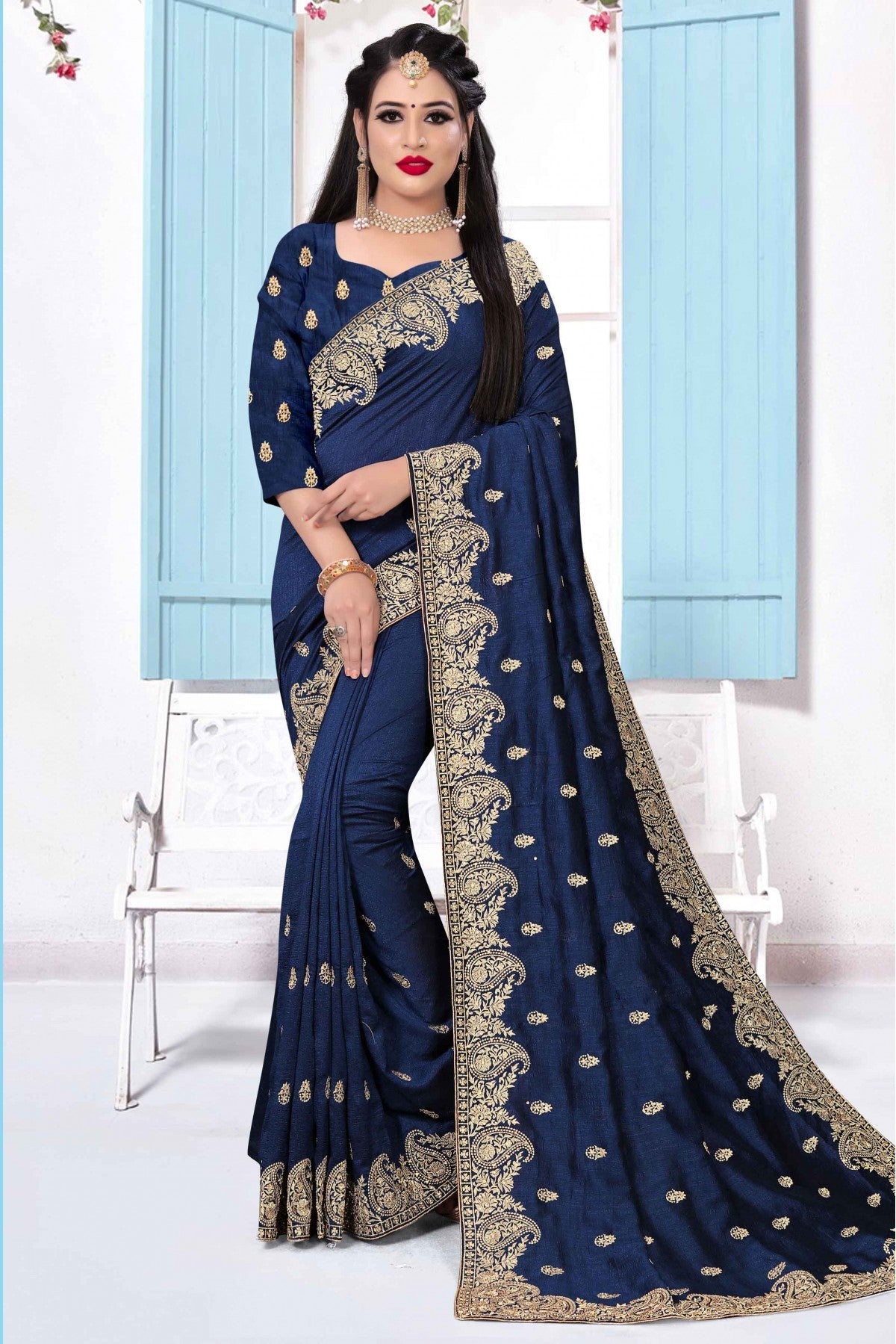 Blue Colour Vichitra Silk Embroidery Saree