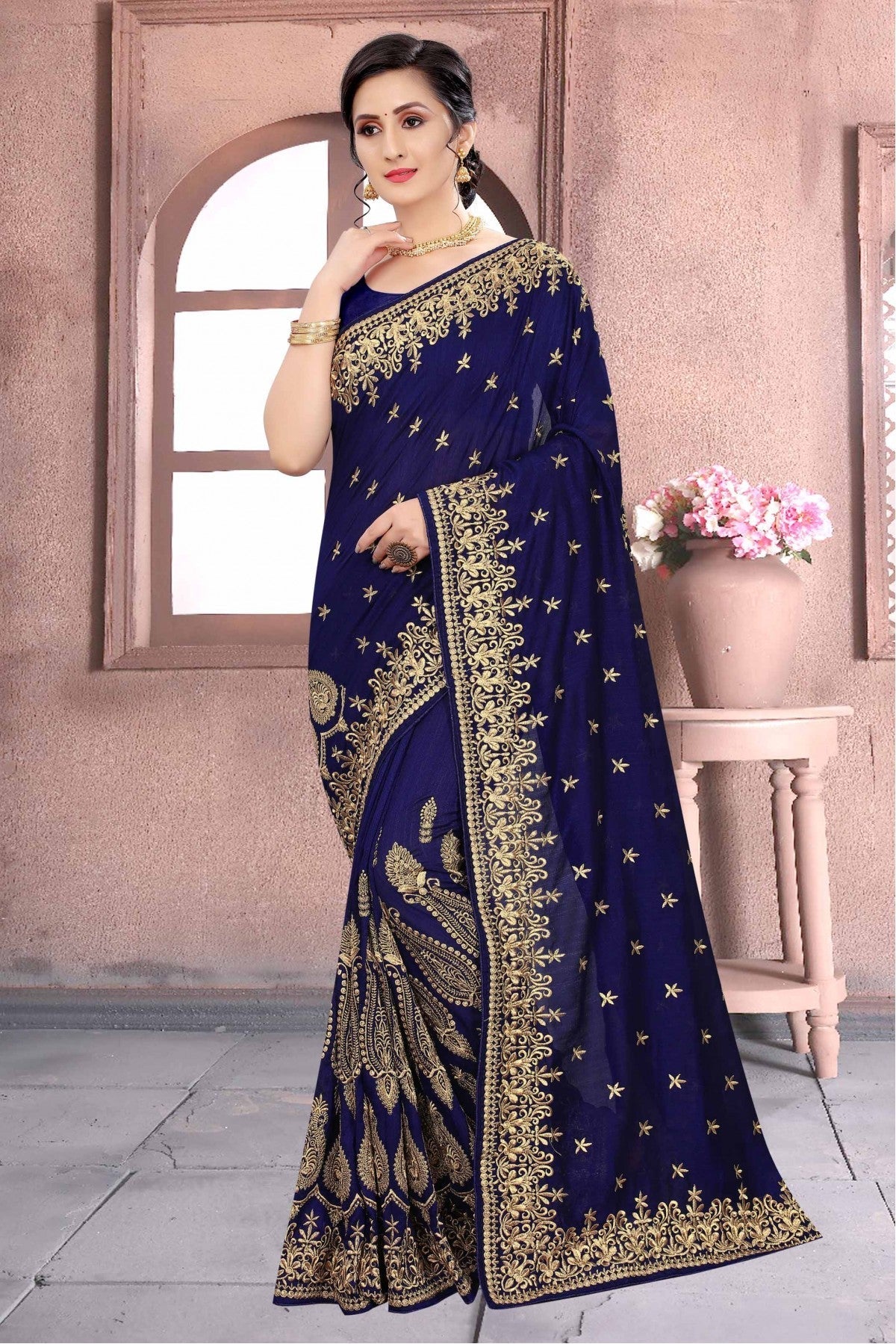 Blue Colour Vichitra Silk Embroidery Saree