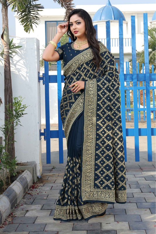 Blue Colour Vichitra Silk Embroidery Saree