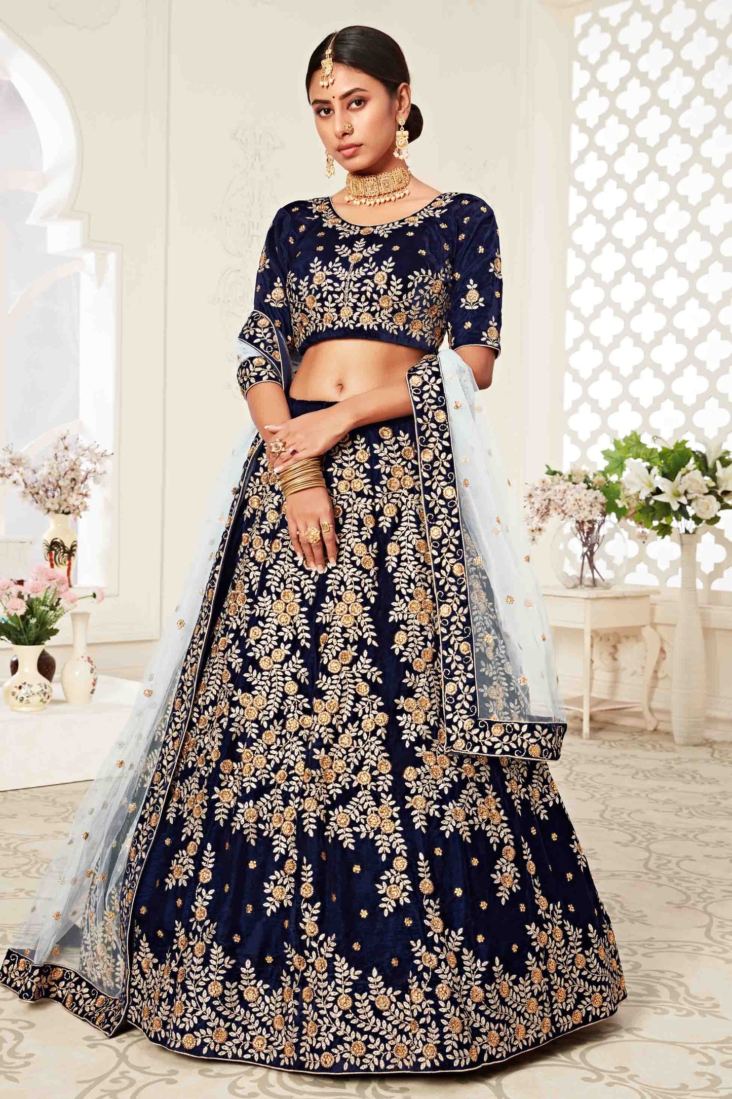 Blue Velvet Designer Lehenga Choli