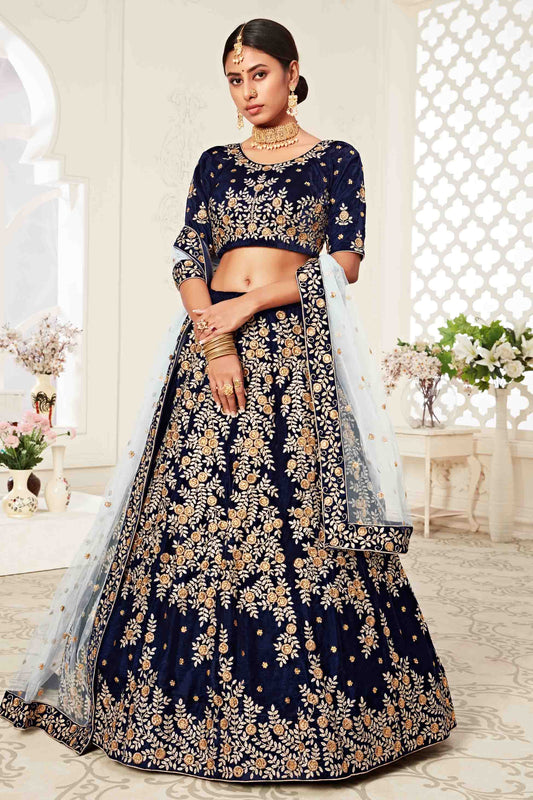 Blue Velvet Designer Lehenga Choli