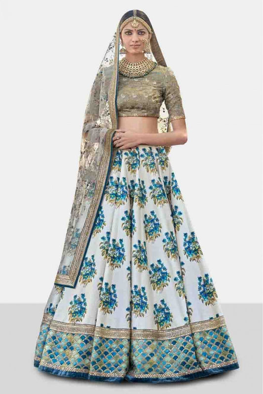 Blue and Off White Colour Art Silk and Banglori Silk Lehenga Choli