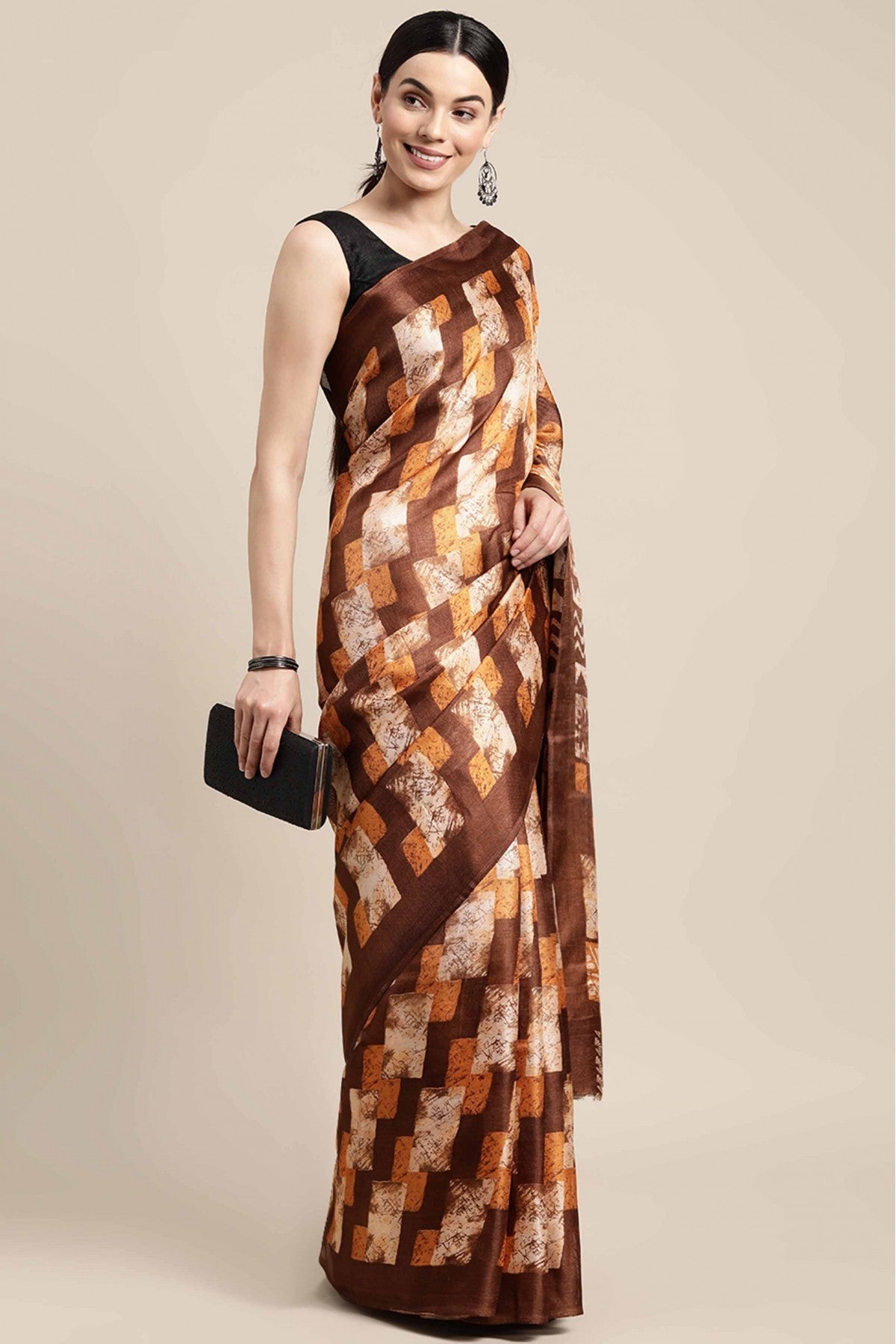 Brown Colour Cotton Printed Saree