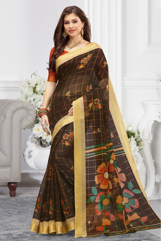 Brown Colour Cotton Traditional Saree