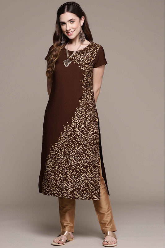 Brown Colour Crepe Foil Print Kurti