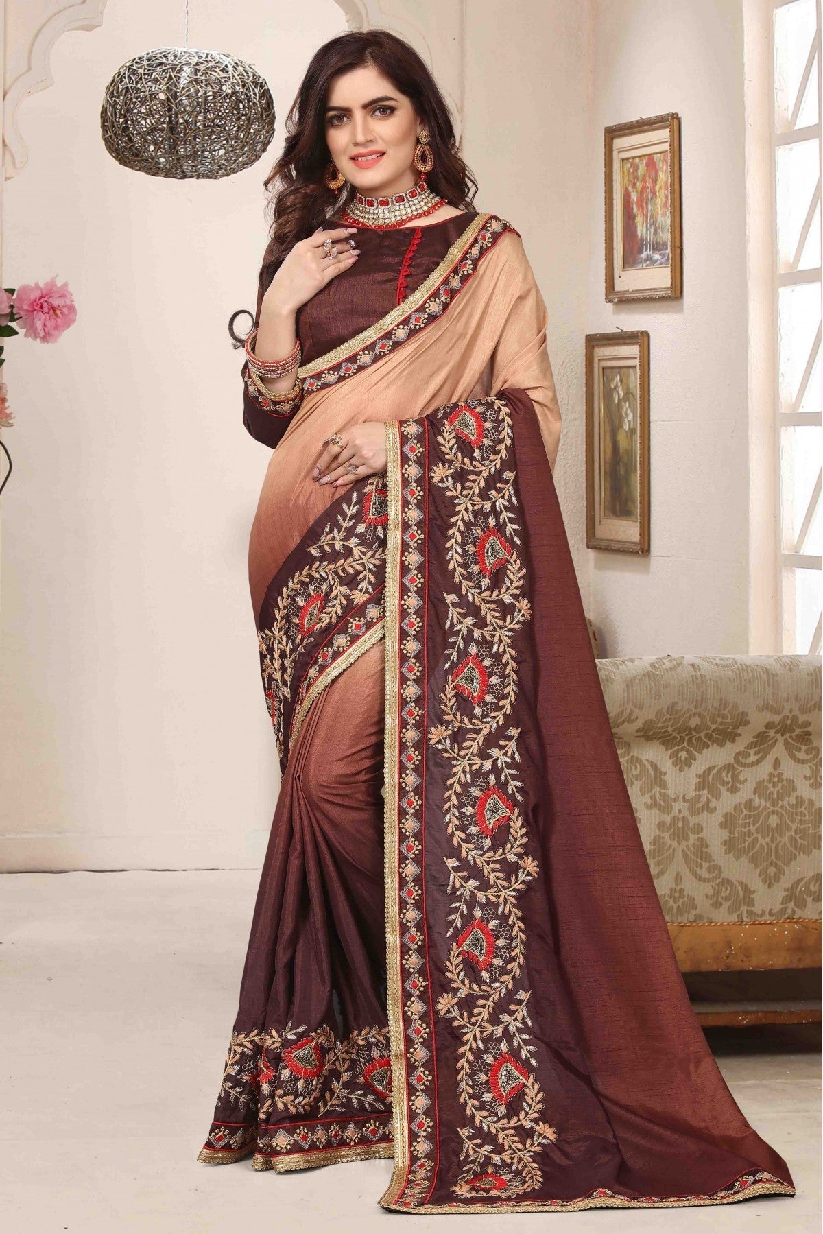 Brown Colour Dola Silk Designer Saree