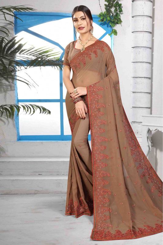 Brown Colour Georgette Designer Saree