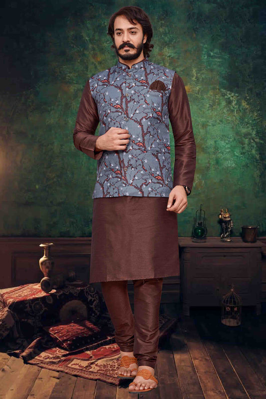 Brown Colour Kurta Pajama With Jacket In Art Silk