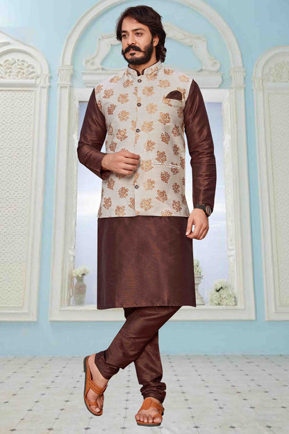 Brown Colour Kurta Pajama With Jacket In Art Silk