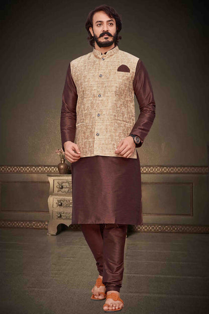 Brown Colour Kurta Pajama With Jacket In Art Silk