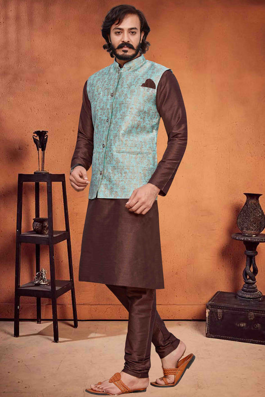 Brown Colour Kurta Pajama With Jacket In Art Silk