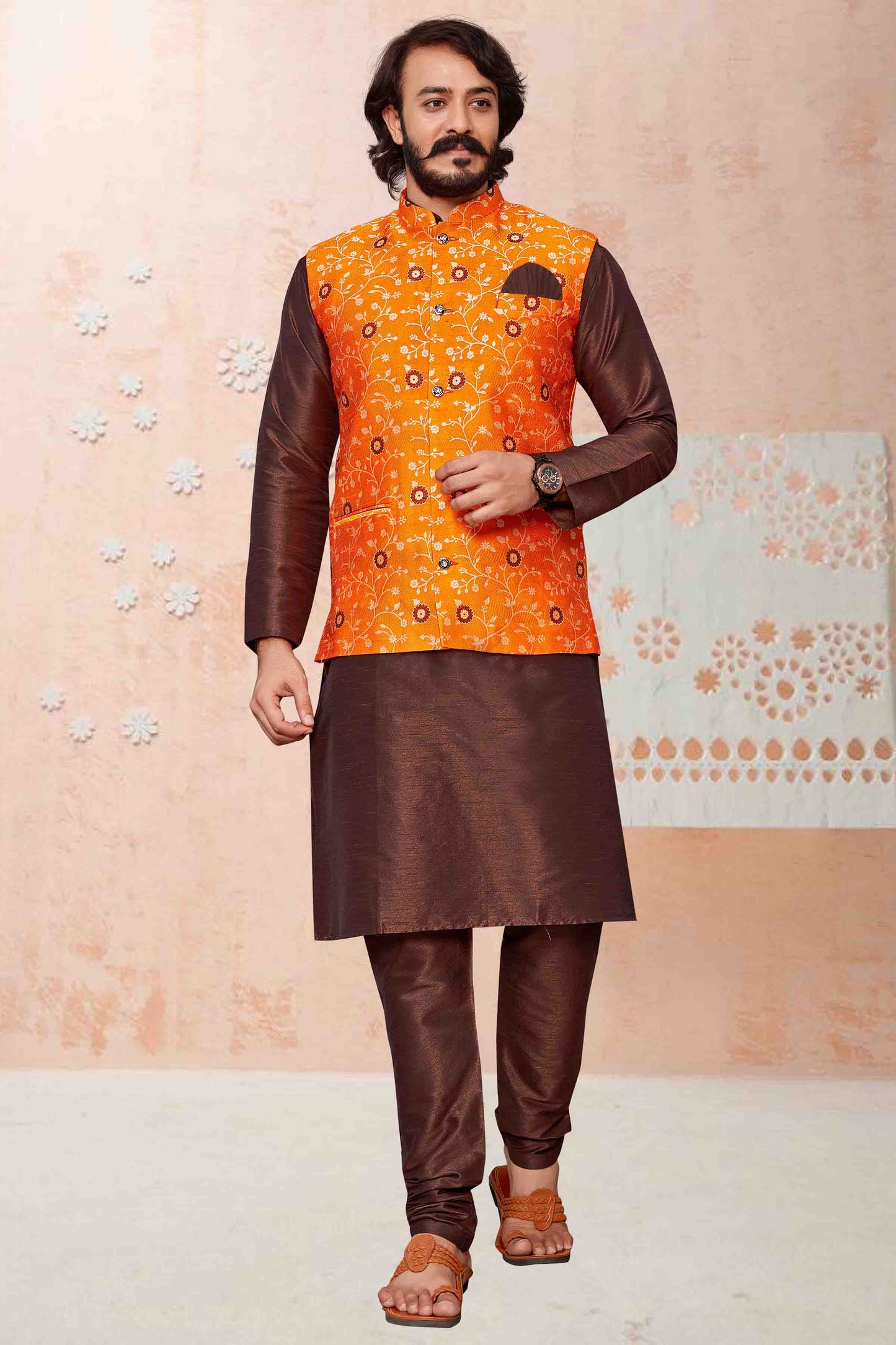 Brown Colour Kurta Pajama With Jacket In Art Silk