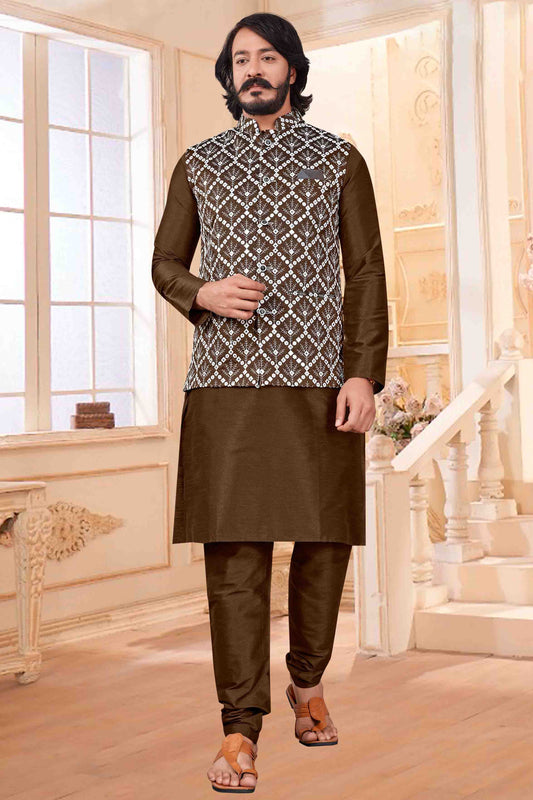 Brown Colour Kurta Pajama With Jacket In Art Silk