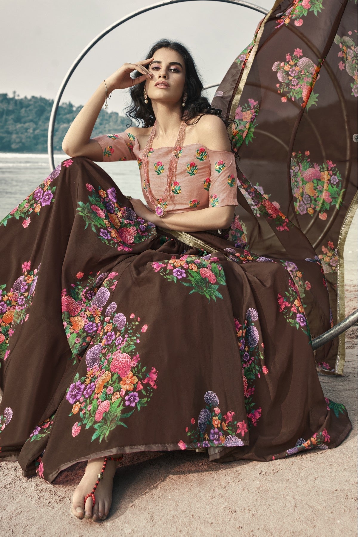 Brown Colour Organza Printed Lehenga Choli