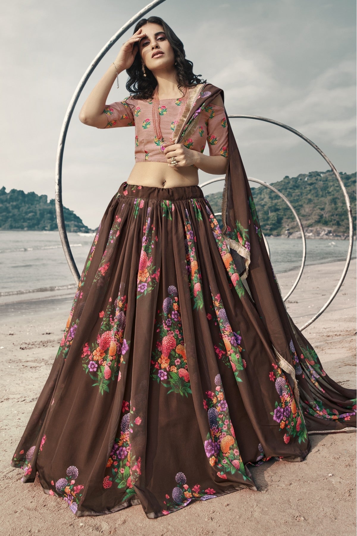 Brown Colour Organza Printed Lehenga Choli