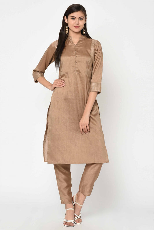 Brown Colour Poly Silk Printed Kurta With Pant