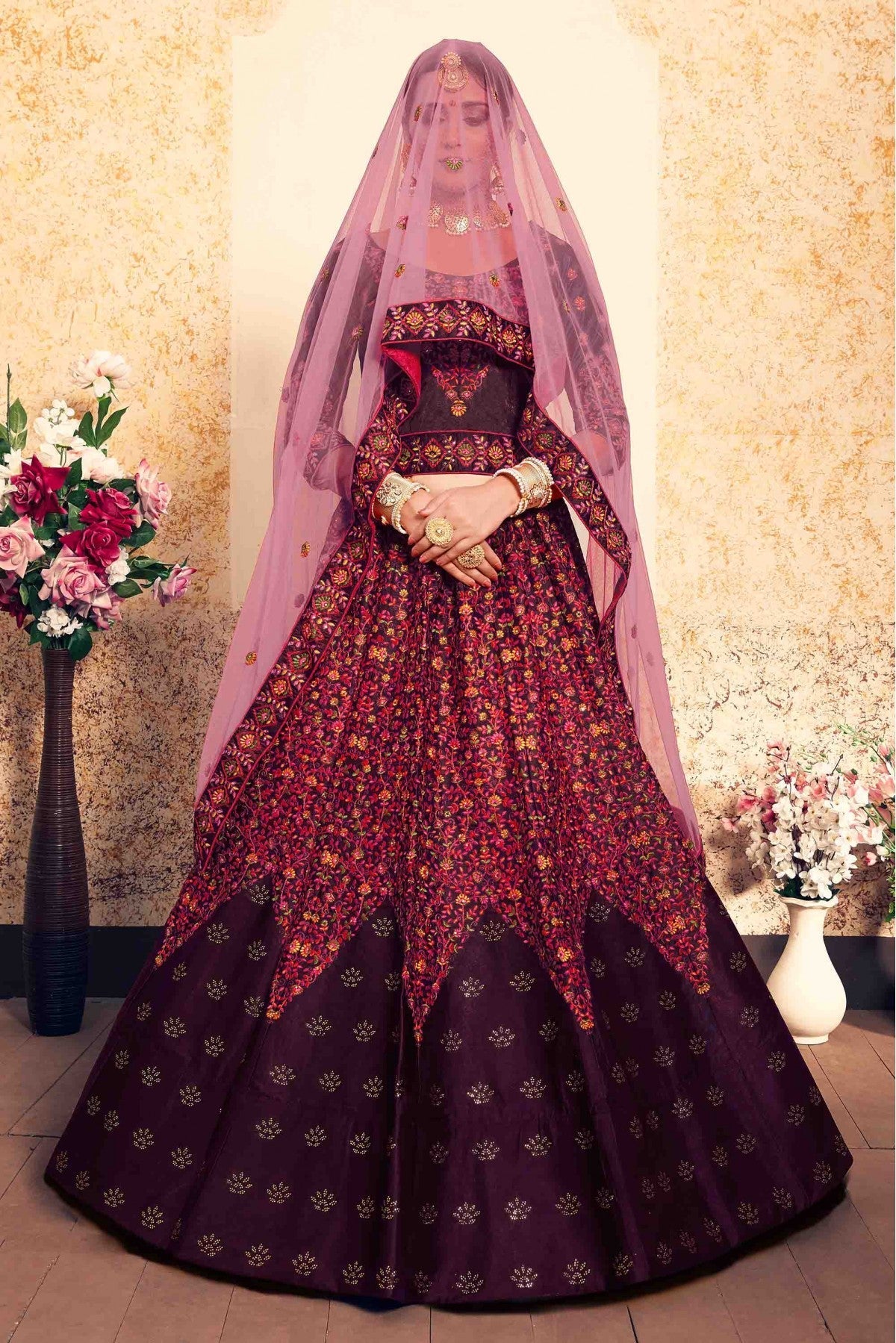 Brown Colour Satin Embroidery Lehenga Choli