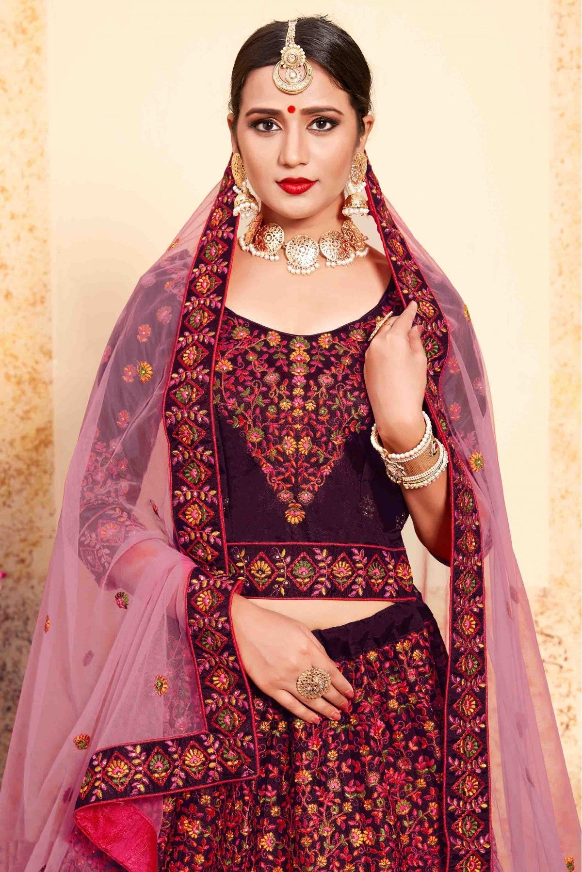 Brown Colour Satin Embroidery Lehenga Choli