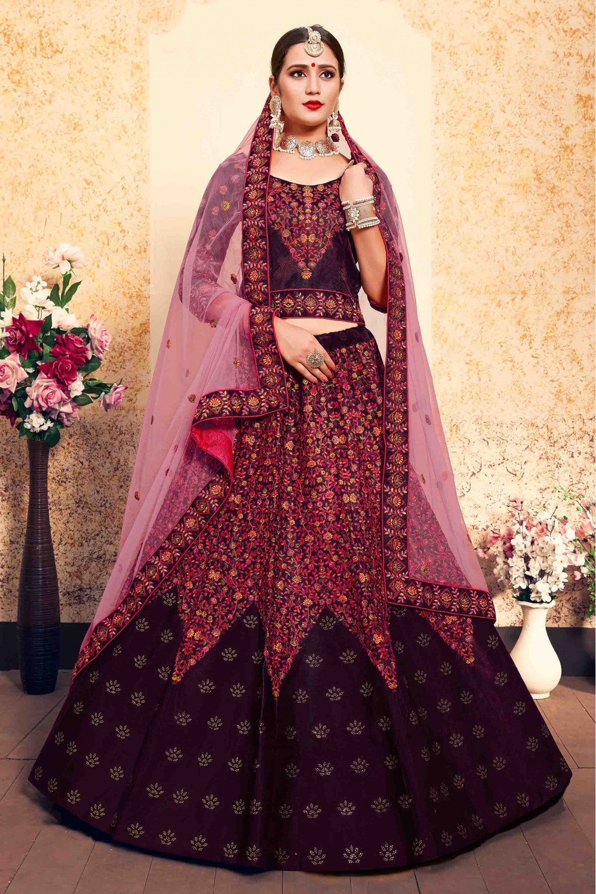 Brown Colour Satin Embroidery Lehenga Choli