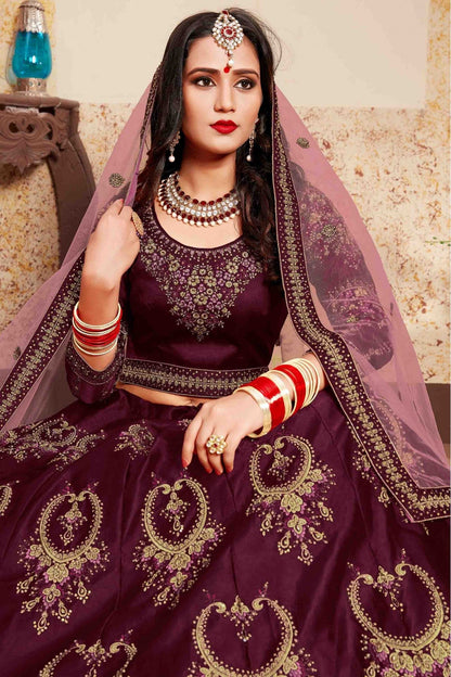 Brown Colour Satin Embroidery Lehenga Choli