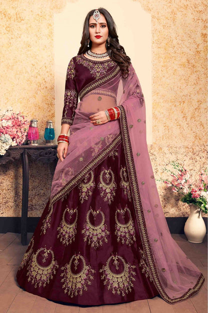 Brown Colour Satin Embroidery Lehenga Choli