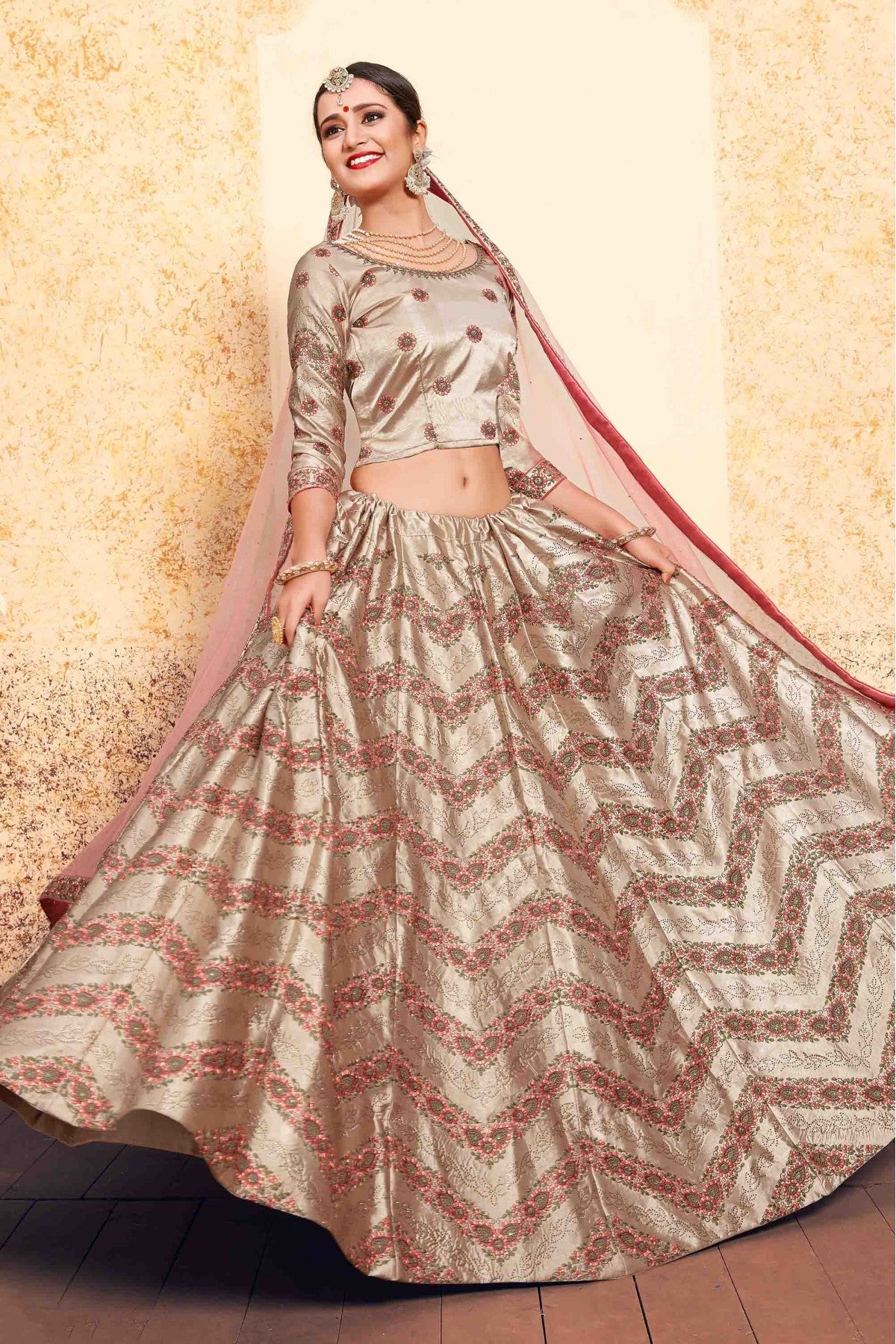 Brown Colour Satin Embroidery Lehenga Choli