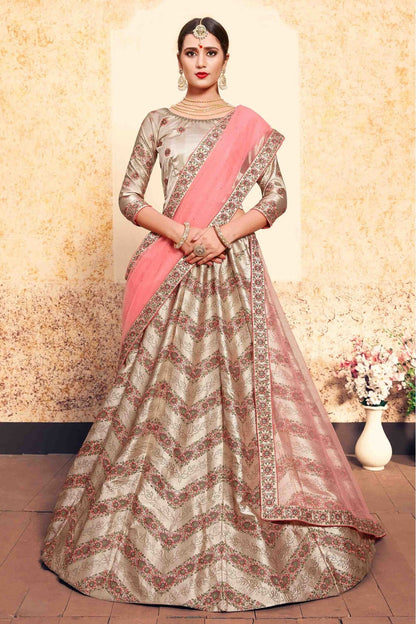 Brown Colour Satin Embroidery Lehenga Choli