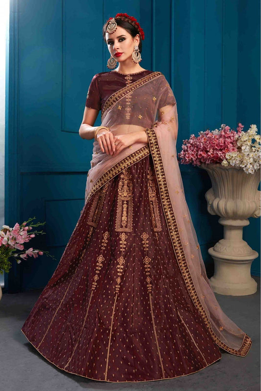 Brown Colour Satin Embroidery Lehenga Choli