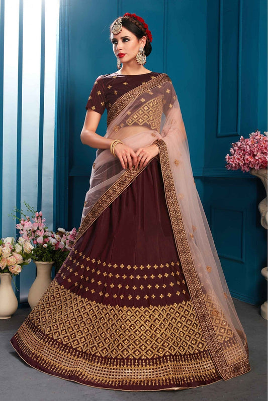 Brown Colour Satin Embroidery Lehenga Choli