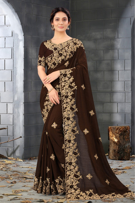 Brown Colour Silk Embroidery Saree