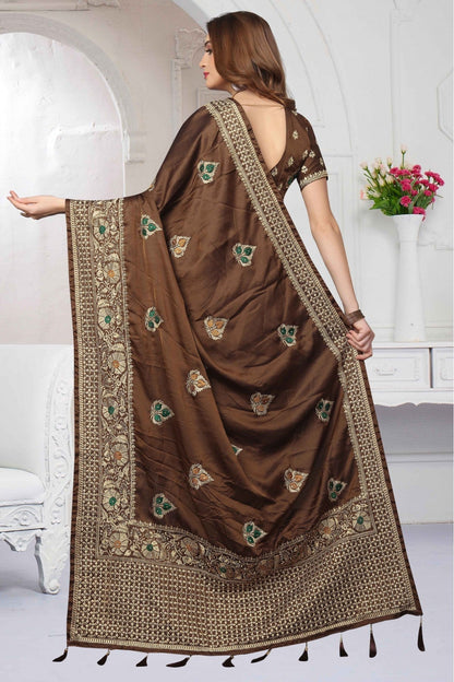 Brown Colour Silk Satin Traditional Saree