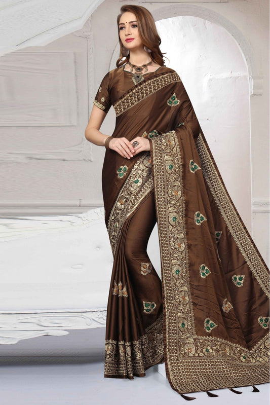 Brown Colour Silk Satin Traditional Saree