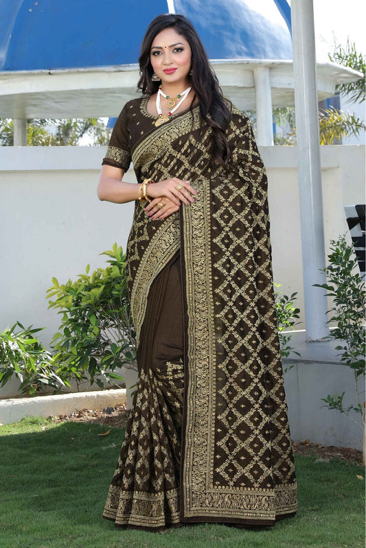 Brown Colour Vichitra Silk Embroidery Saree