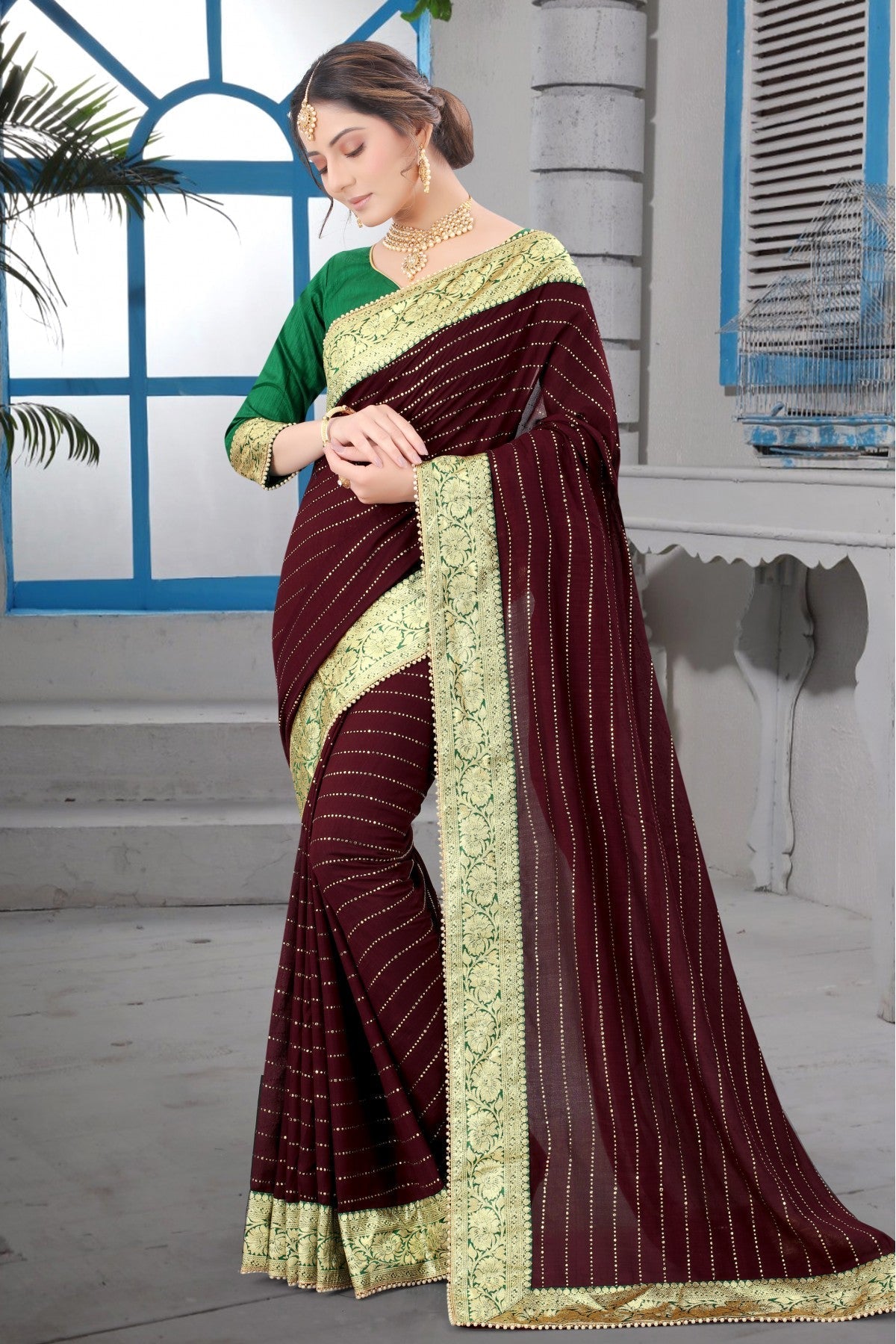 Brown Colour Vichitra Silk Lace Work Saree