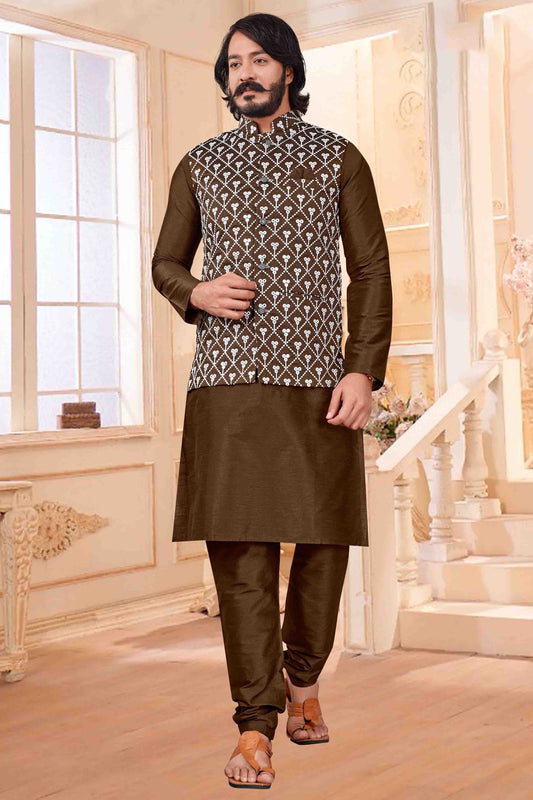 Coffee Colour Kurta Pajama With Jacket In Art Silk