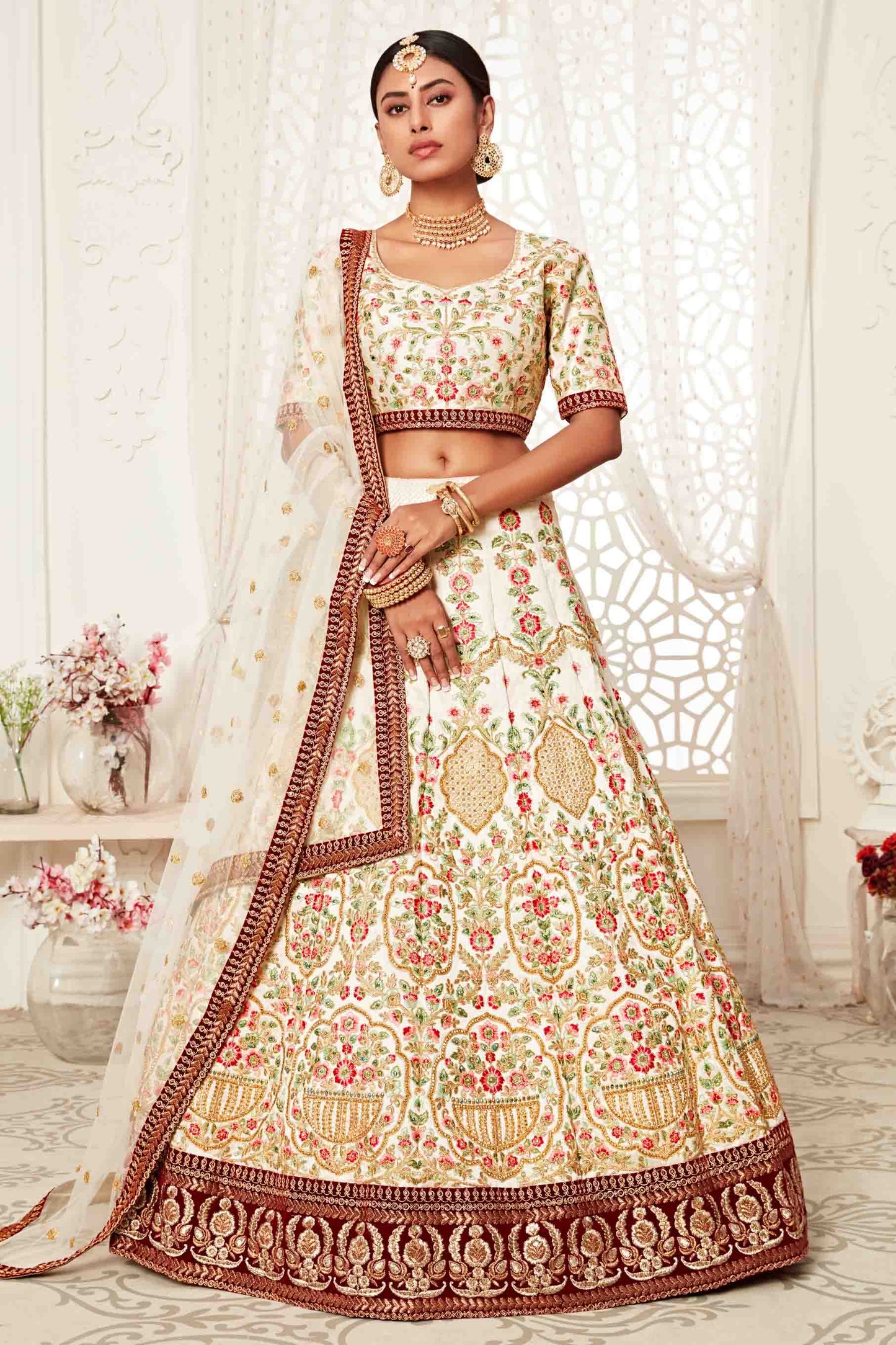 Cream Art Silk Designer Lehenga Choli