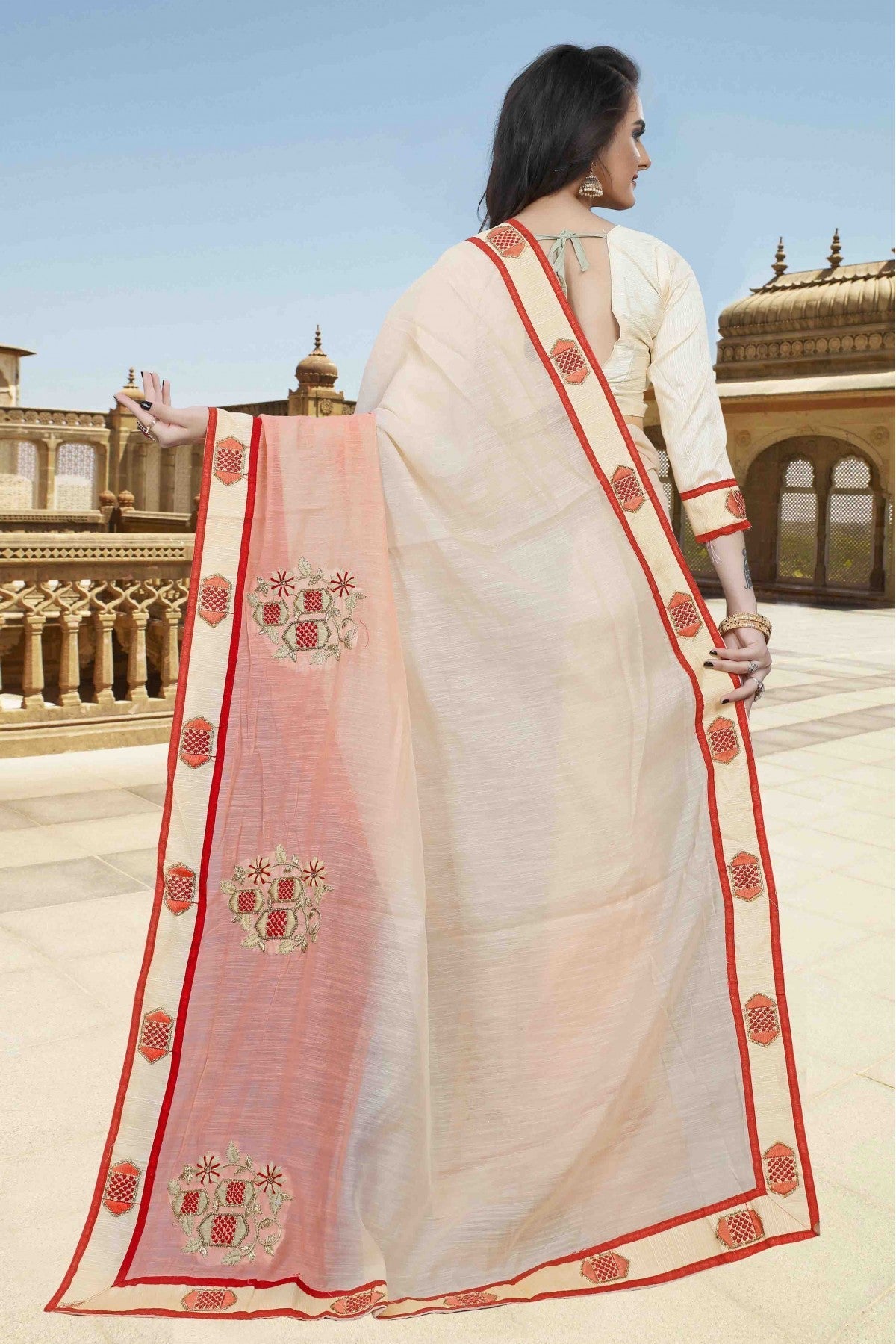 Cream Colour Cotton Designer Saree