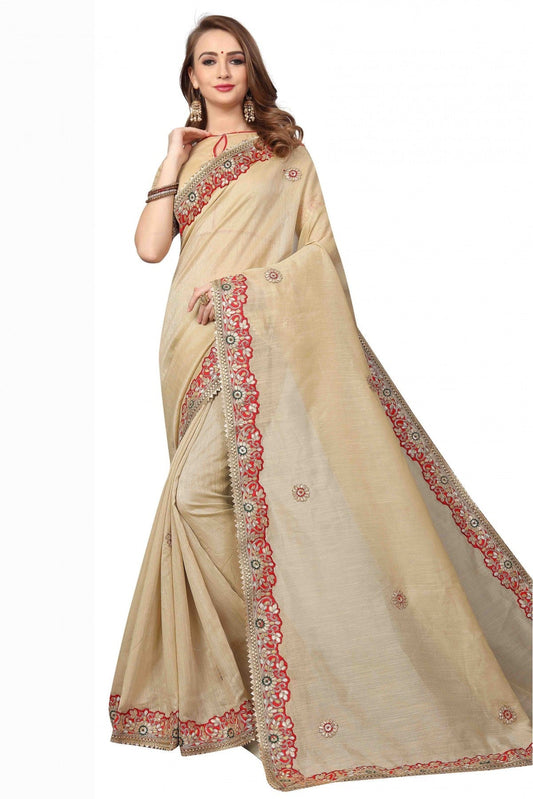 Cream Colour Cotton Silk Embroidery Saree