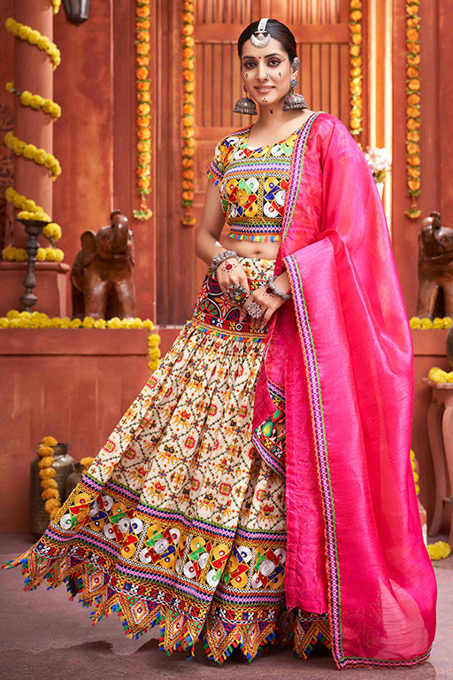 Cream Colour Cotton Silk Navratri Lehenga Choli