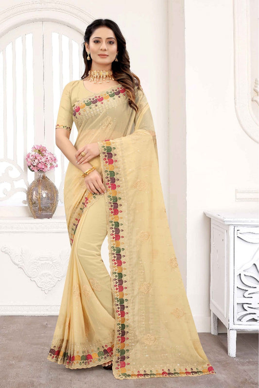 Cream Colour Georgette Embroidery Saree