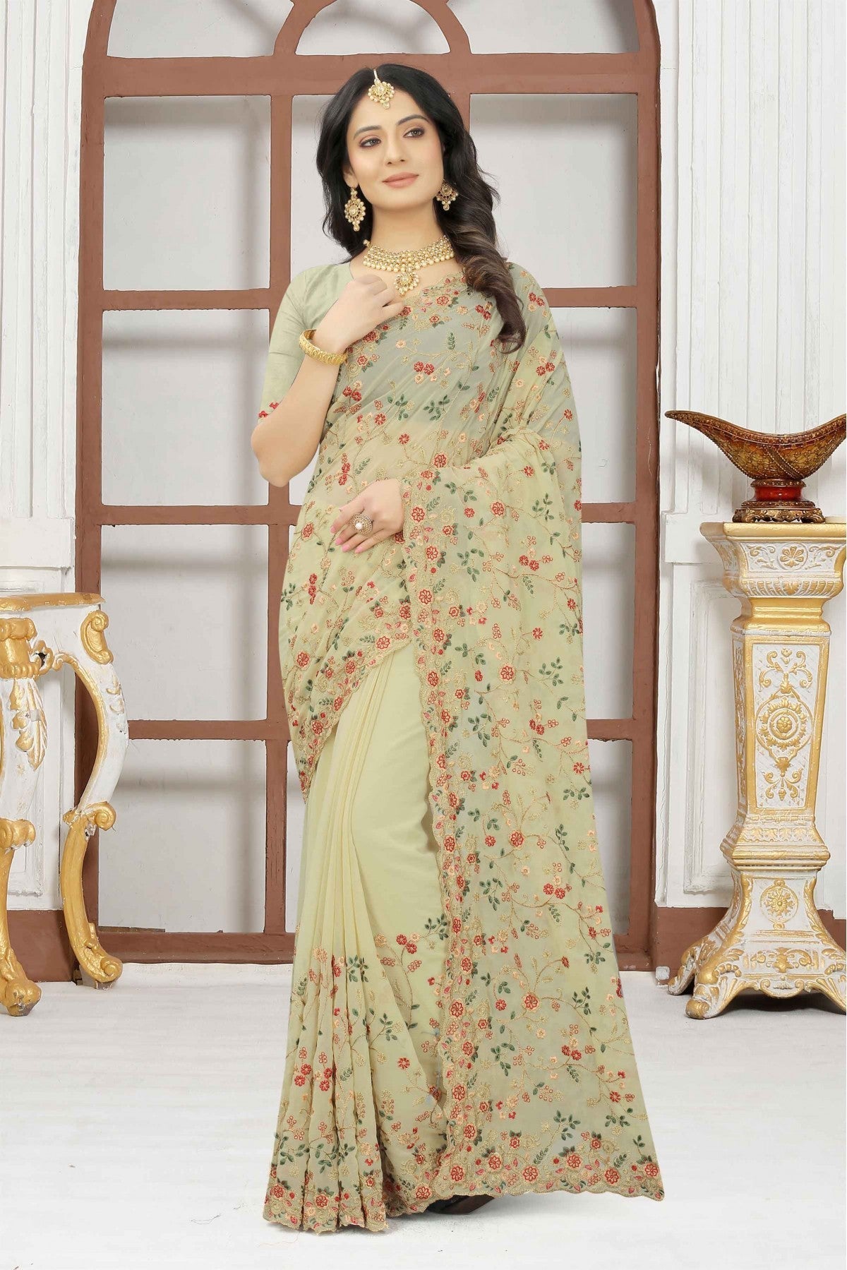 Cream Colour Georgette Embroidery Saree