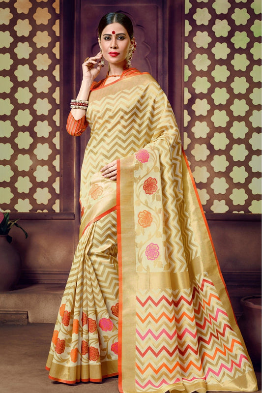 Cream Colour Handloom Cotton Traditional Saree