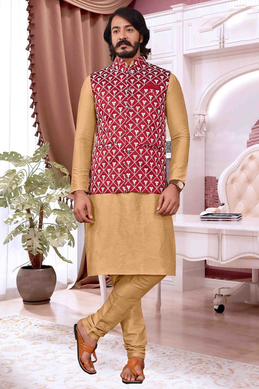 Cream Colour Kurta Pajama With Jacket In Art Silk