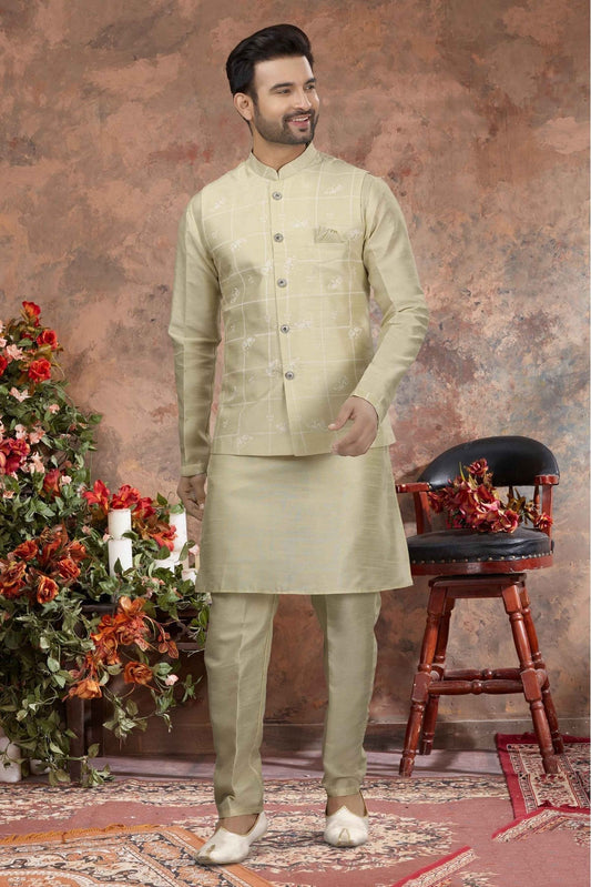 Cream Colour Kurta Pajama With Jacket In Silk Dupion Fabric